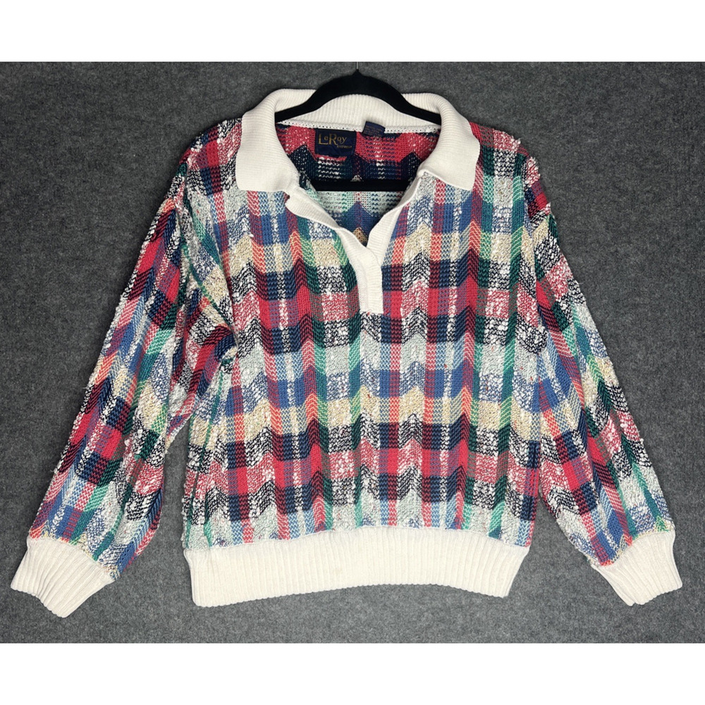 Vintage 80s Plaid Knit Sweater L Collared V Neck Preppy Academia Pullover Top